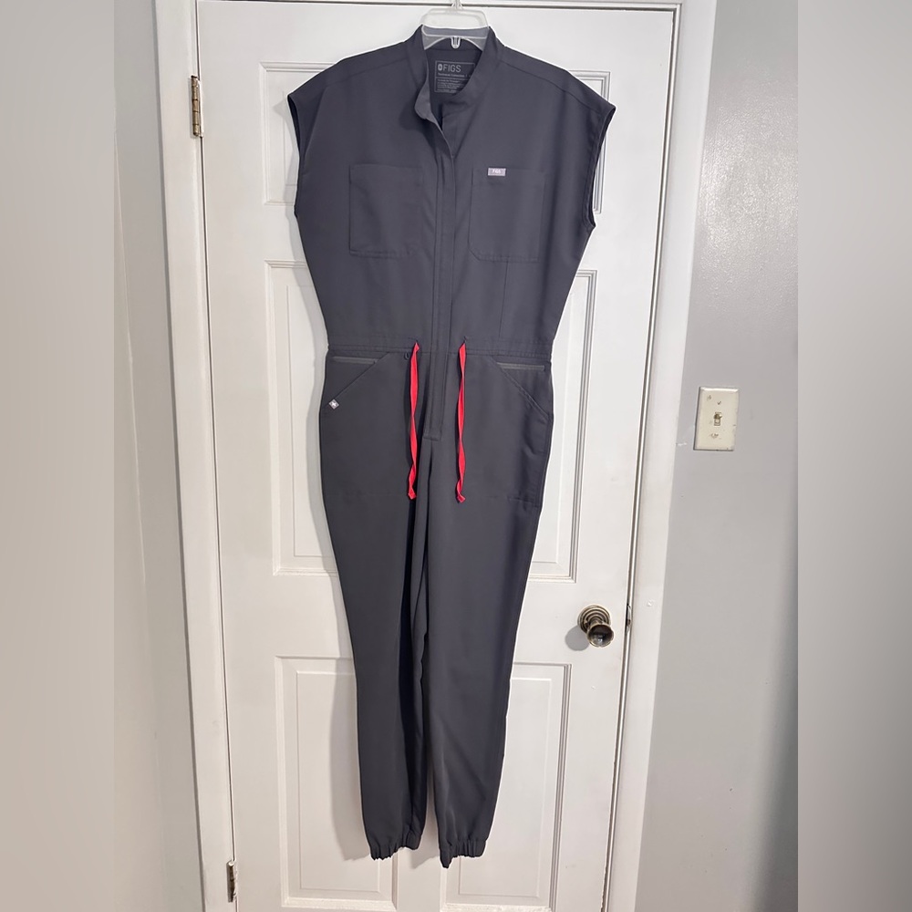 Figs Charcoal Jumpsuit with Red Drawstrings
